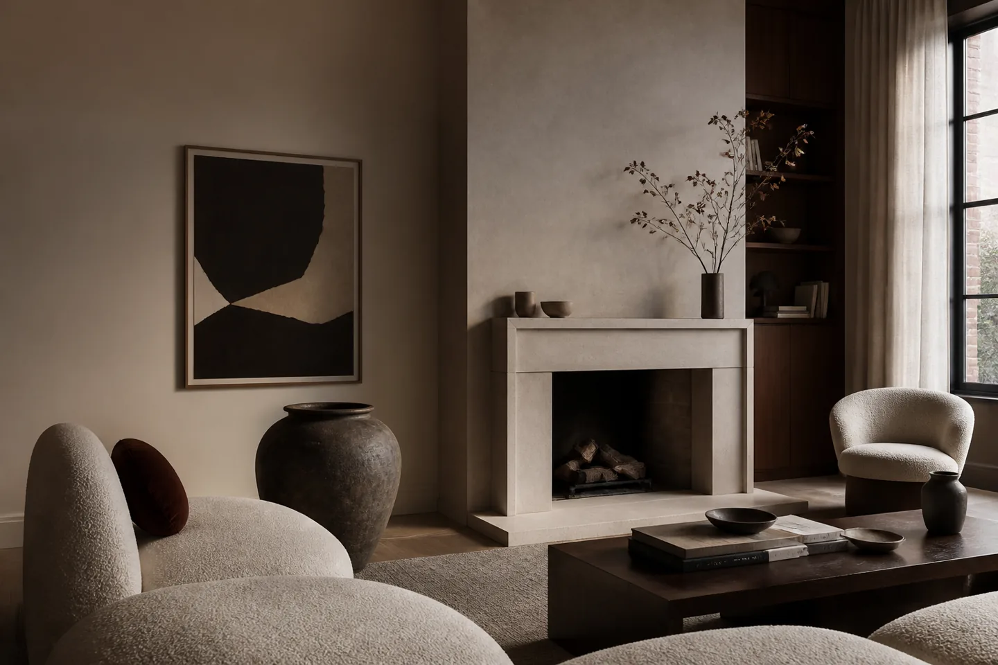 A sculptural townhouse living room in bone, walnut, and oxblood tones under soft natural light.
