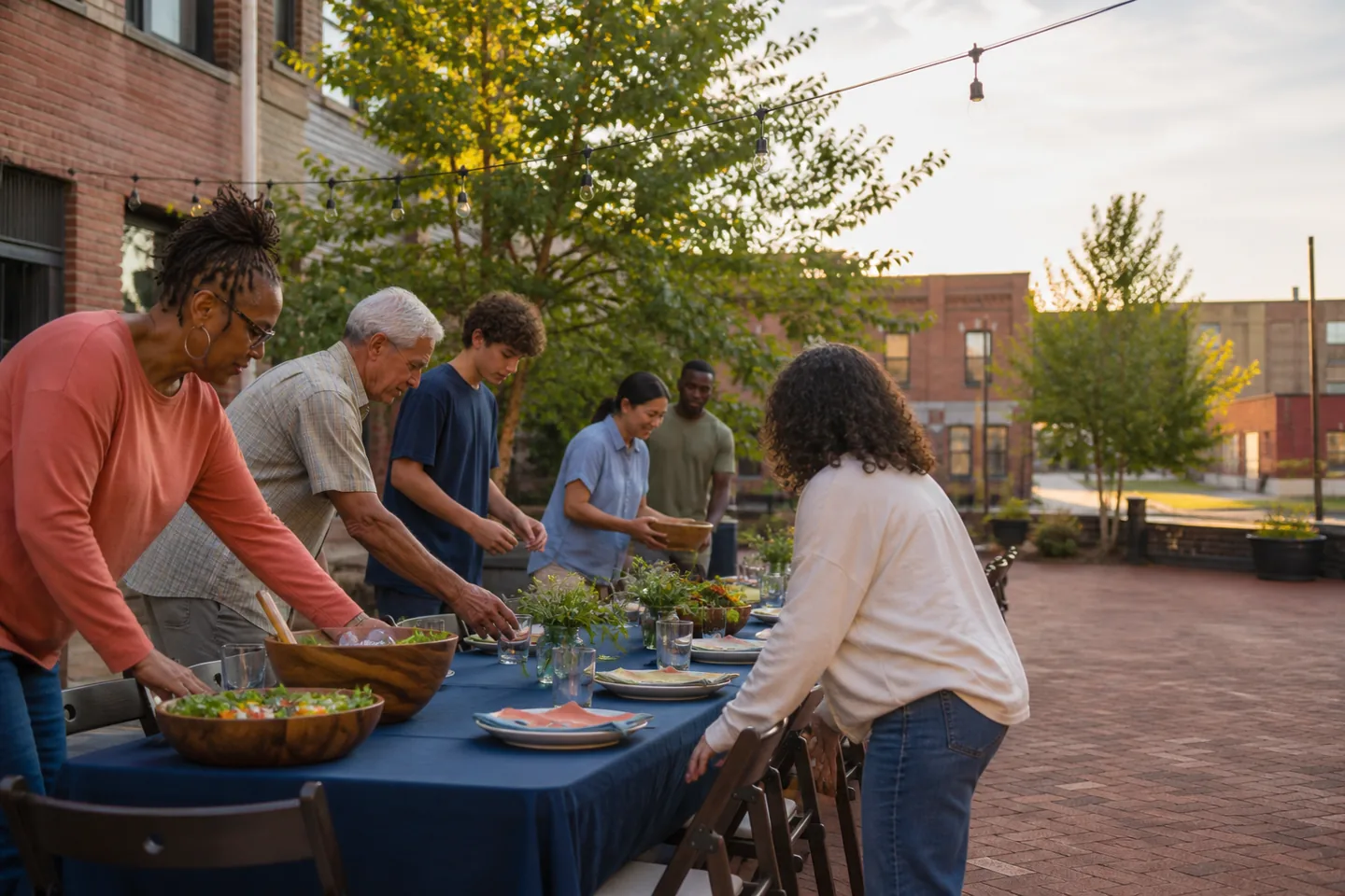 Neighbors of different ages prepare a long outdoor table together before a community meal.