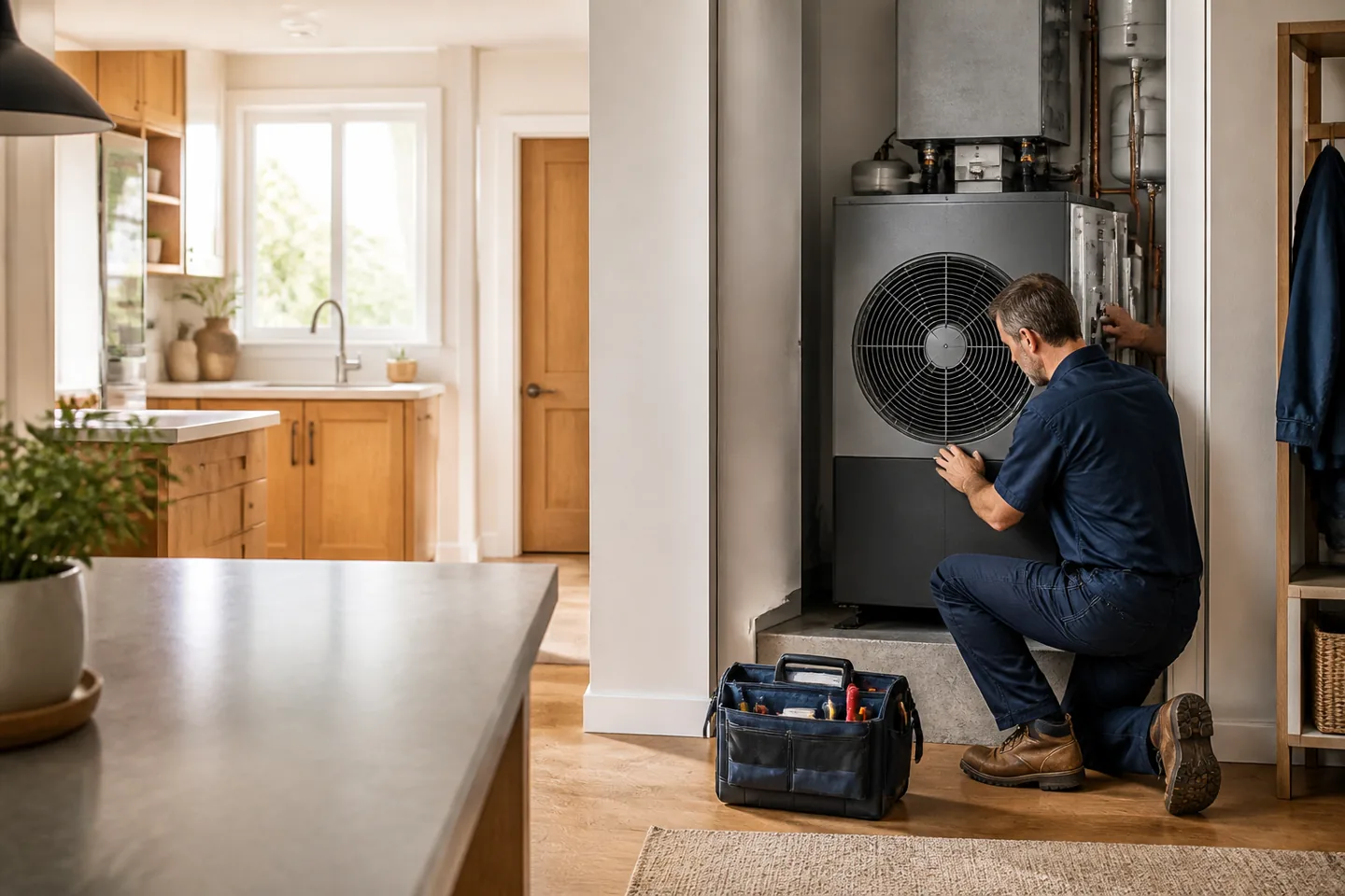 A heating technician inspects a home heat-pump unit beside a warm sunlit kitchen.