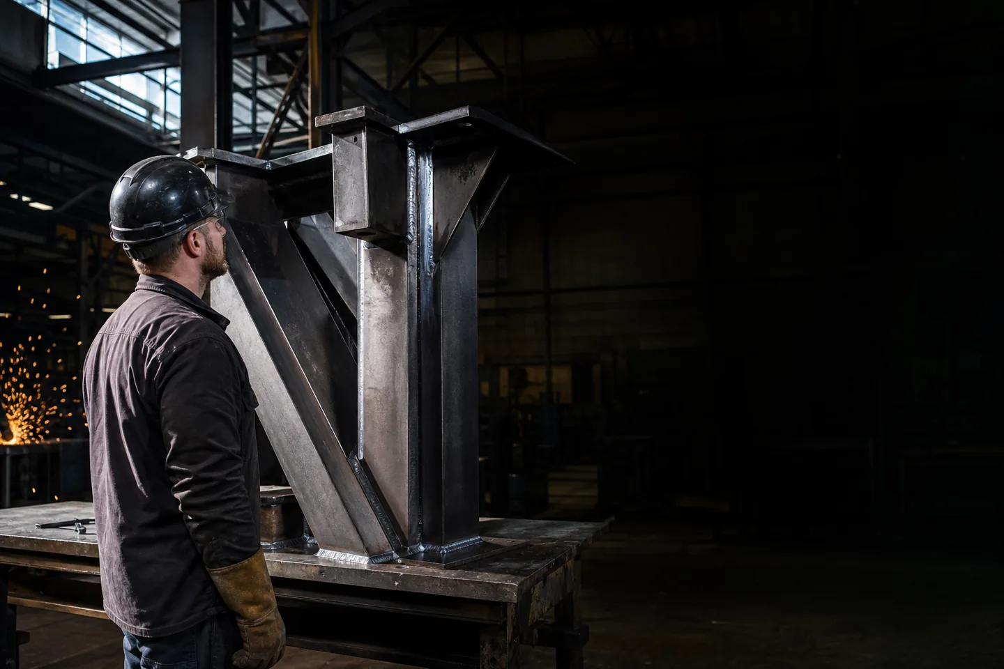 A fabricator in protective gear inspects a large welded steel assembly in a dark working shop.