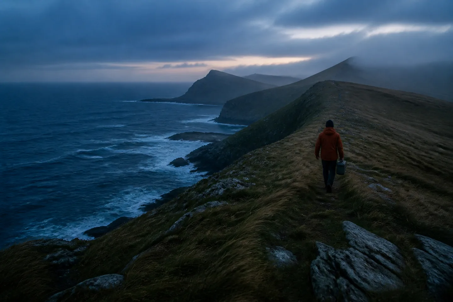 A field researcher in a rust jacket walks a windswept coastal ridge above a dark blue sea.